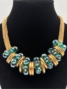 Green AB Crystal Statement Necklace Set Gold Multi Strand Bib + Earrings